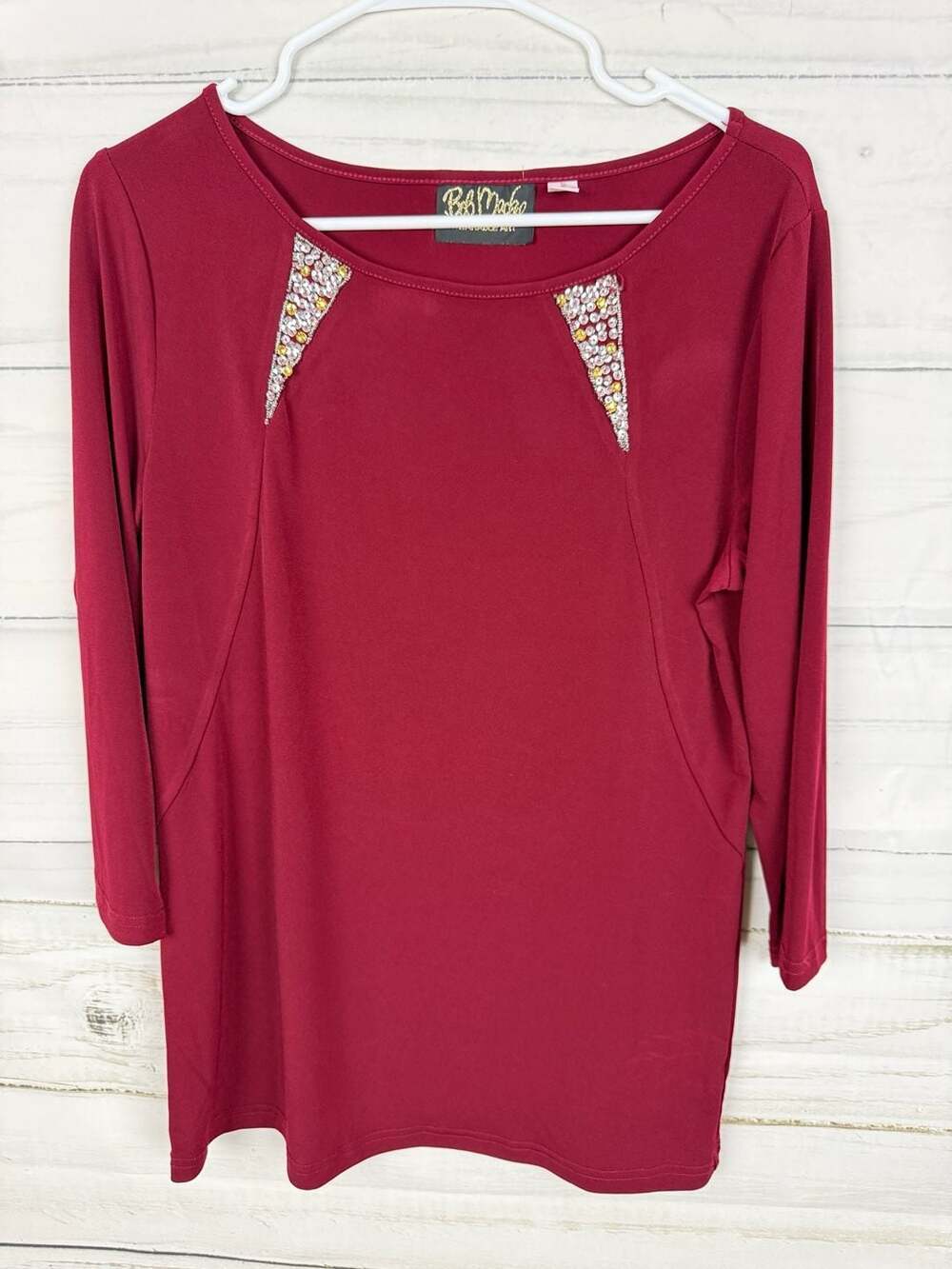 Bob Mackie Wearable Art Embellished 3/4 Sleeve Top Burgundy Size S